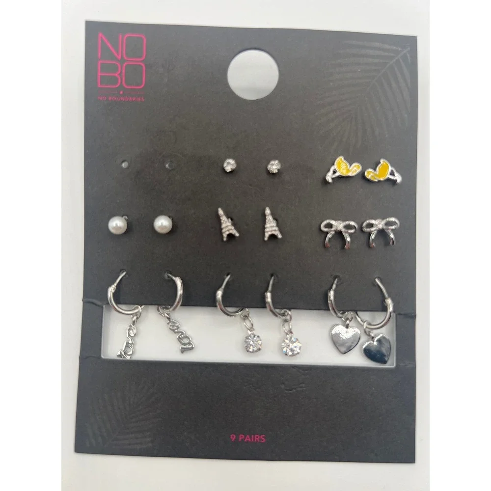 No Boundaries 9 Pair Earring Set Silver Tone Studs Hoops Hearts Bows Ducks NEW